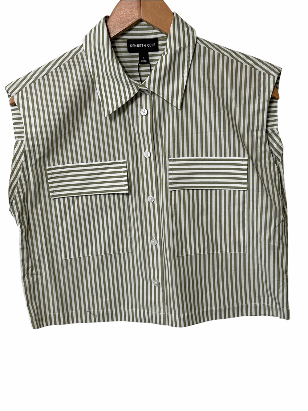 Kenneth Cole Olive & White Vertical Stripe Short-Sleeve Shirt